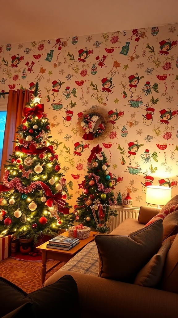 A living room with cute Christmas wallpaper displaying snowmen and ornaments, decorated for the holidays.